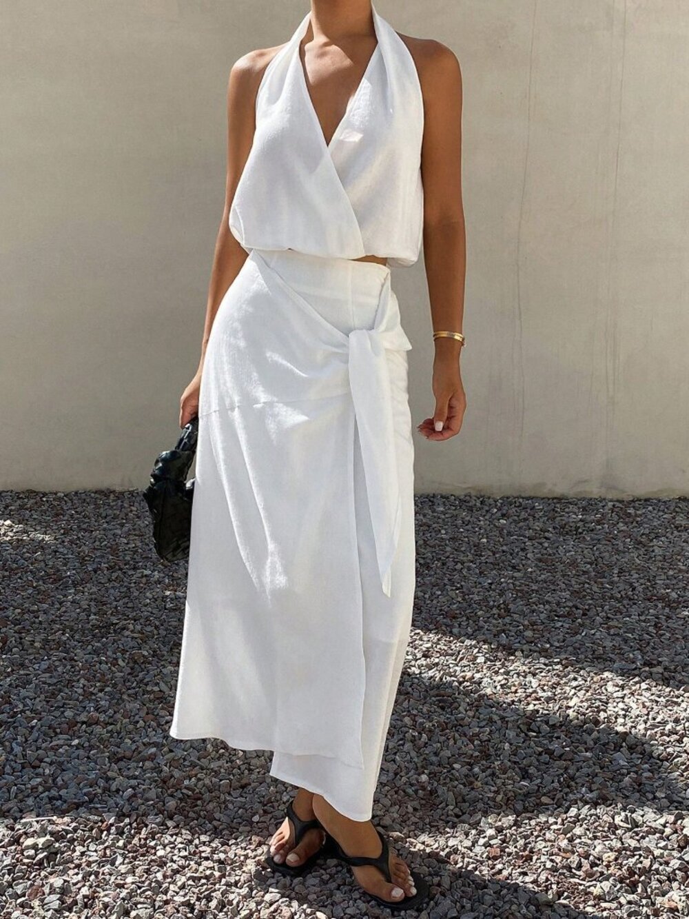 White Elegant Women's Halter Neck Backless Top and maxi skirt Set